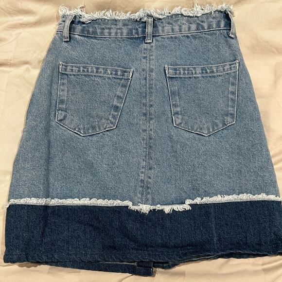 JUST Jean Skirt Two Tone Zip Frayed RARE Streetwear Modest Denim Y2K Knee Length - Picture 8 of 10